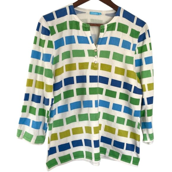 J McLaughlin V Neck Henley Pullover Sweater XL Blue Green White Geometric Print - Picture 1 of 5